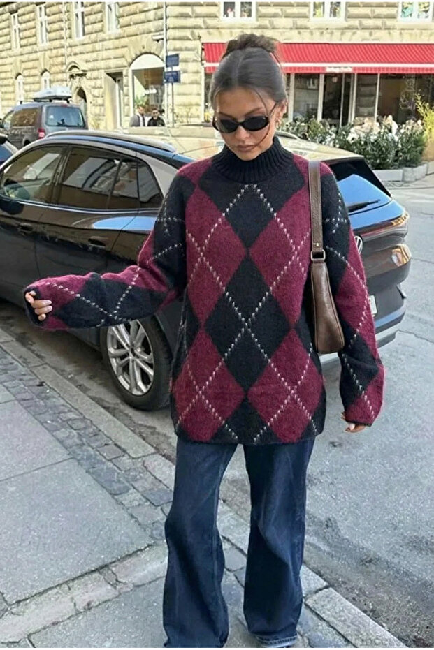 Burgundy Oversized Knitwear Tunic Half Fisherman