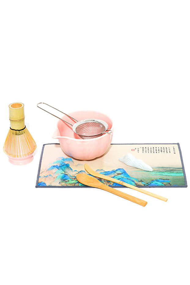 Matcha Çayı Seremoni Seti Seramik Kase Bambu Çırpıcı Fırça Standı ve Süzgeçli Özel Kutu Pembe - 1