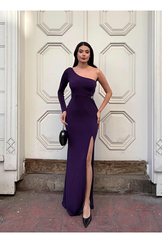 One Sleeve Embroidered Dr Draped Bibe Dress 583361 Purple