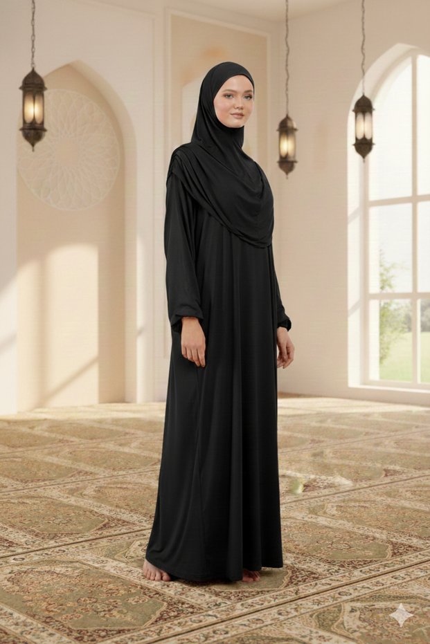 One-Piece Hijab Prayer Dress with Plug-In Head Scarf Organic Cotton Elastic Sleeve Non-Slip Combed