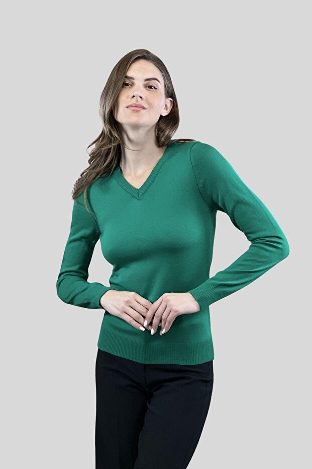 V Yaka Basic Kadın Triko Kazak - 2