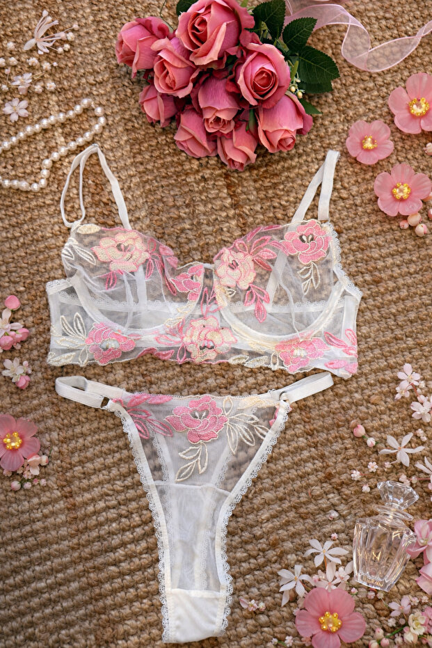 Lace Embroidered Transparent Floral Pattern Bra Panty Set – Soft Pink & Cream