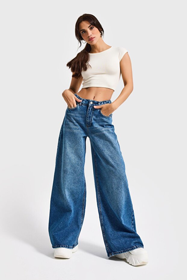 Modré dámské džíny Palazzo Fit – 100% bavlna, elastický pas, model 2S5-4 - 2