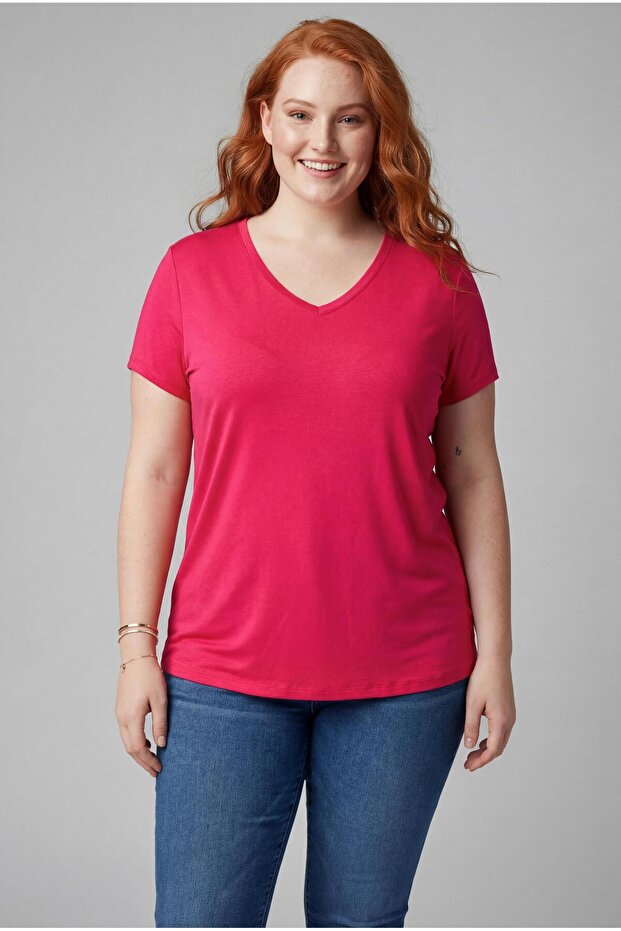 Women's Plus Size V-Neck Pink T-Shirt – Relaxed Fit, Breathable Fabric, Available in Sizes up to 6XL