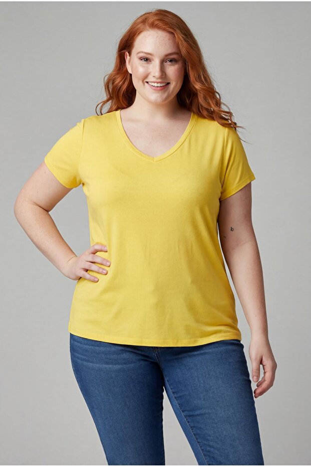 Women's Plus Size V-Neck Yellow T-Shirt – Relaxed Fit, Breathable Fabric, Sizes up to 6XL Available