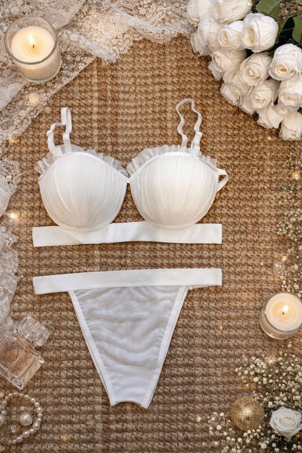 Oyster Model Satin Striped Padded Bra Set