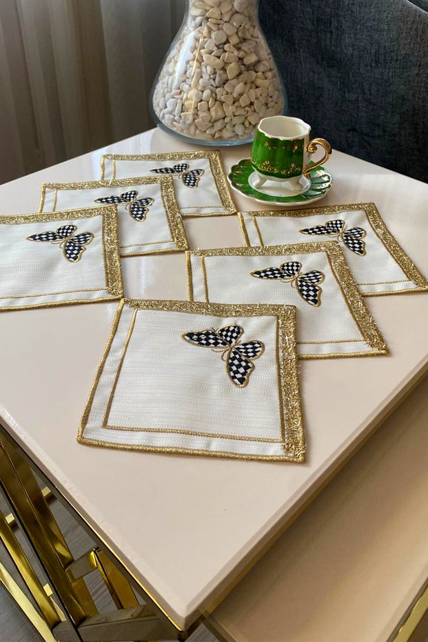 Glittery Butterfly 6-Piece Special Embroidered Linen Coffee Presentation Napkin, Cocktail Napkin, Party Napkin-Gold