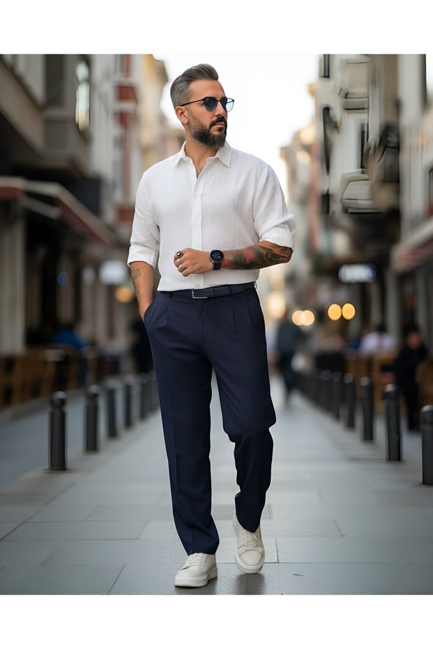 Men's Baggy Fit Pleated Fabric Trousers