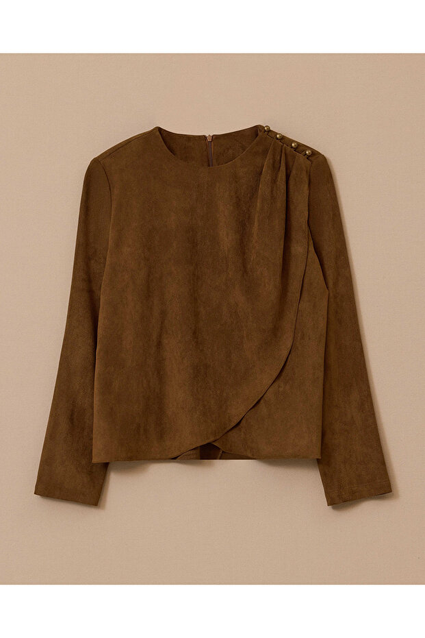 Drapeli Omuz Düğmeli Süet Bluz - 4