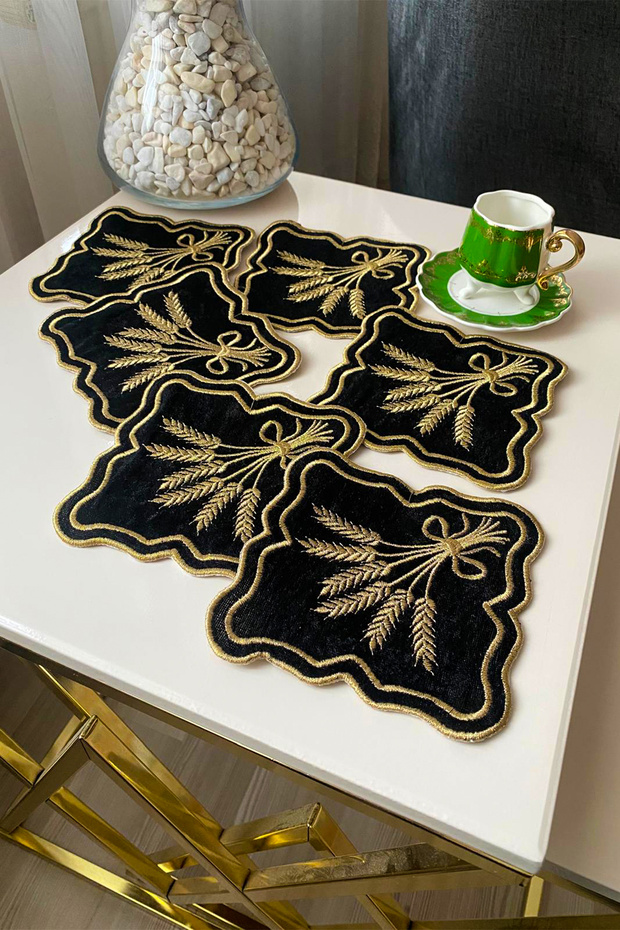 Başak 6-Piece Linen Special Embroidered Presentation Napkin-Black/Gold