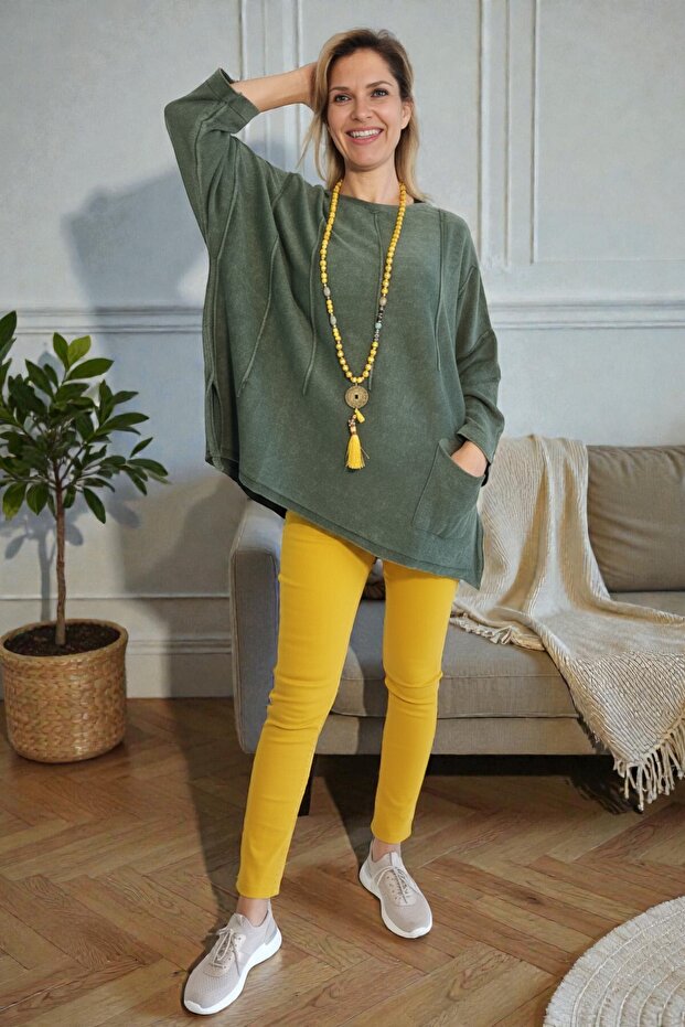 Washable Cotton Comfortable Oversized Pocket Green Women's Sweater (38-46)