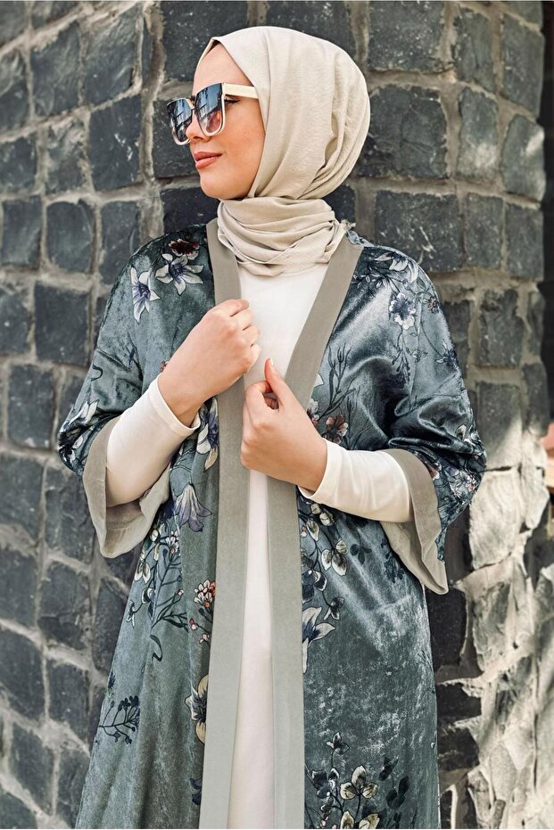 سترة كيمونو مخملية منقوشة بالزهور 4785