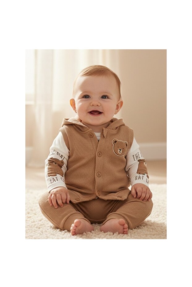 Baby Boys 3-Piece Set 100% Cotton Bear Embroidered Comfortable Fit Daily Set