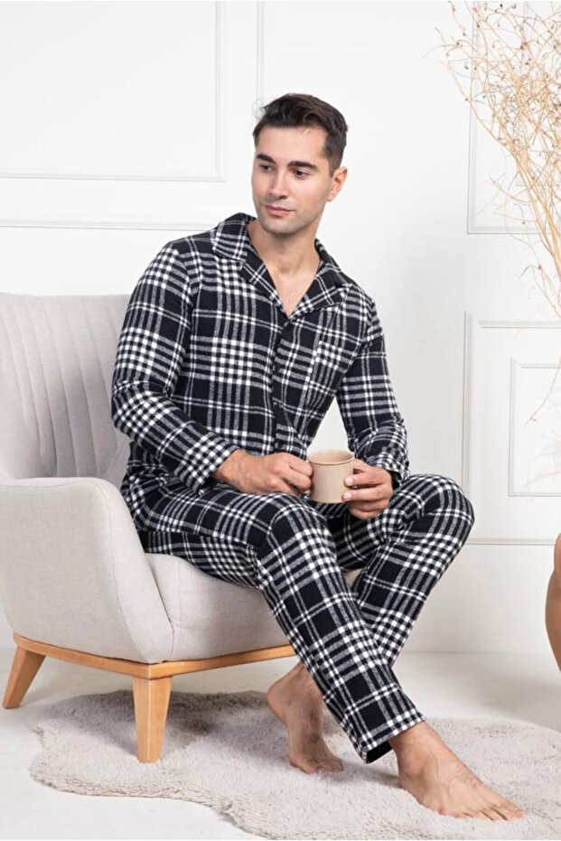 Black Plaid 100% Cotton Plus Size (Oversized) Winter Men's Pajama Set