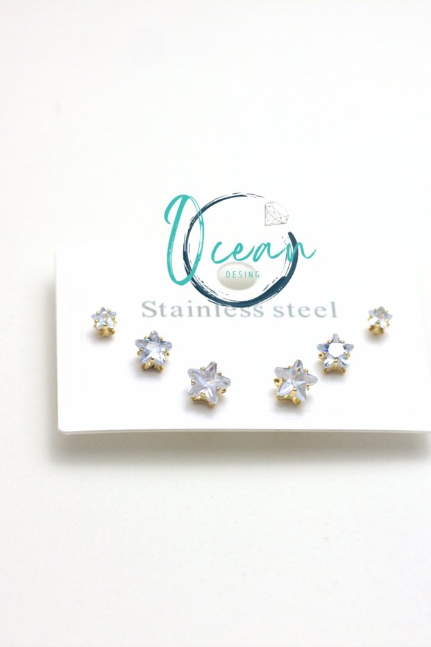 Steel Gold Color Zircon Stone Star Model Women's Earring Set – Non-Tarnish, Sparkling & Stylish Design