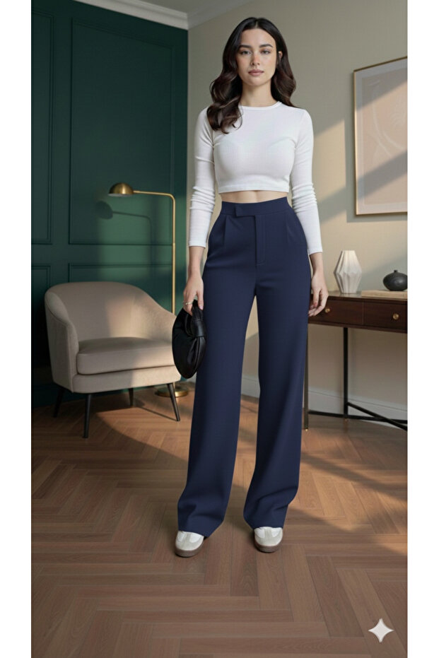 Navy High-Waist Palazzo Pants with Hook-and-Loop Detail, Pleated Front, Wide-Leg