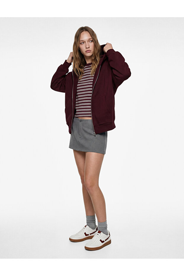Raised Hooded Long Sleeve Zippered Sweatshirt