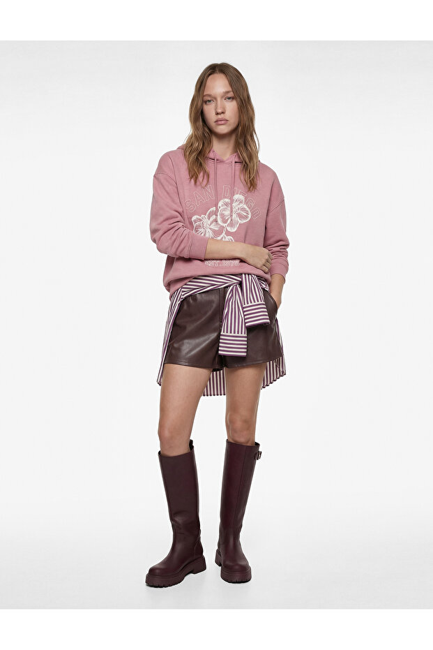 Fleece-Lined Hooded Flower Printed Oversized Sweatshirt