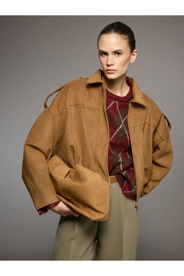 Vizyon New Season Shirt Collar Oversize Women's Suede Look Jacket