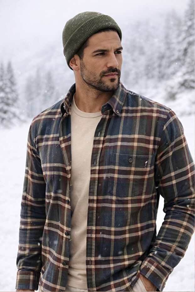 Men's Green Checkered Winter Wide-Cut Shirt with Pockets