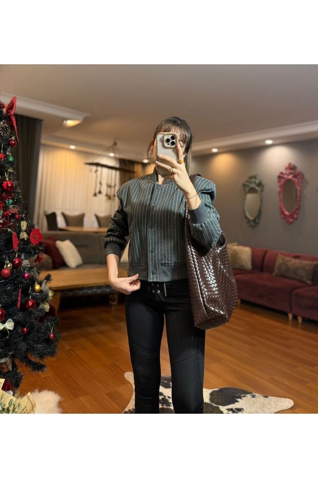 سترة بومبر مخططة بلون الأنثراسيت - 4