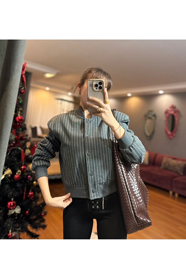 سترة بومبر مخططة بلون الأنثراسيت - 5