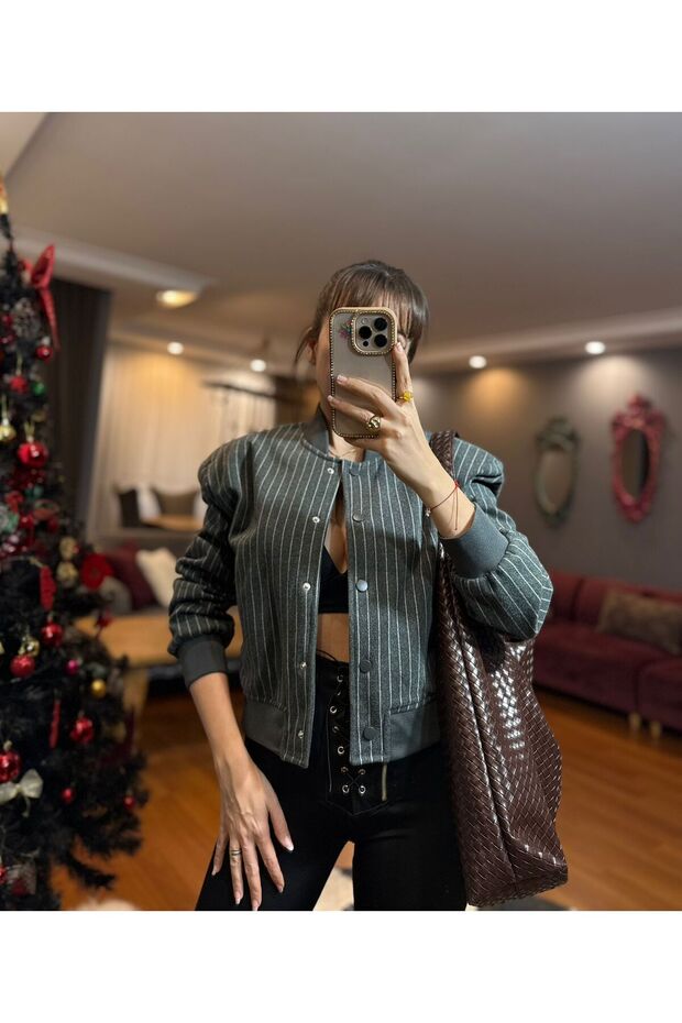 سترة بومبر مخططة بلون الأنثراسيت - 1