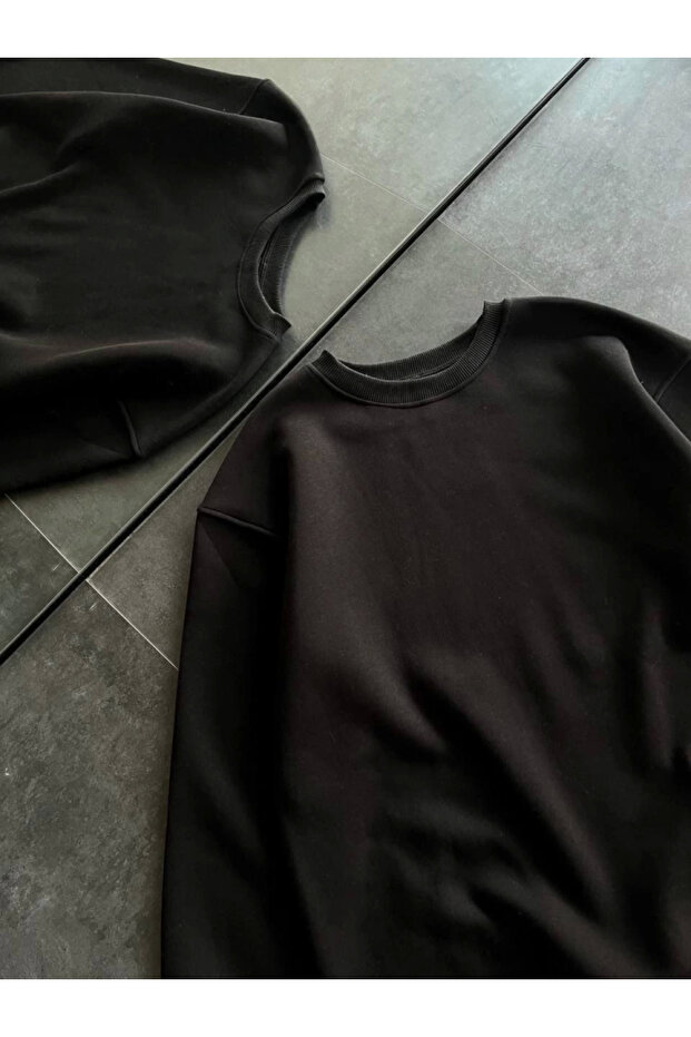    Winter Crew Neck Three Thread Basic Sweatshirt - Black - 3