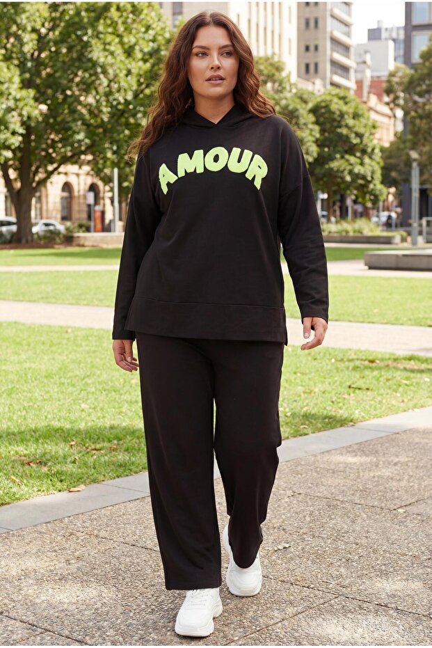 Women's Plus Size Hooded Amour Written Black Tracksuit Set