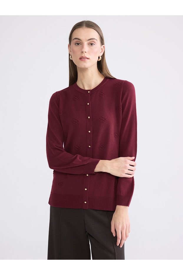 Vizyon New Season Crew Neck Self-Patterned Women's Knitwear Cardigan
