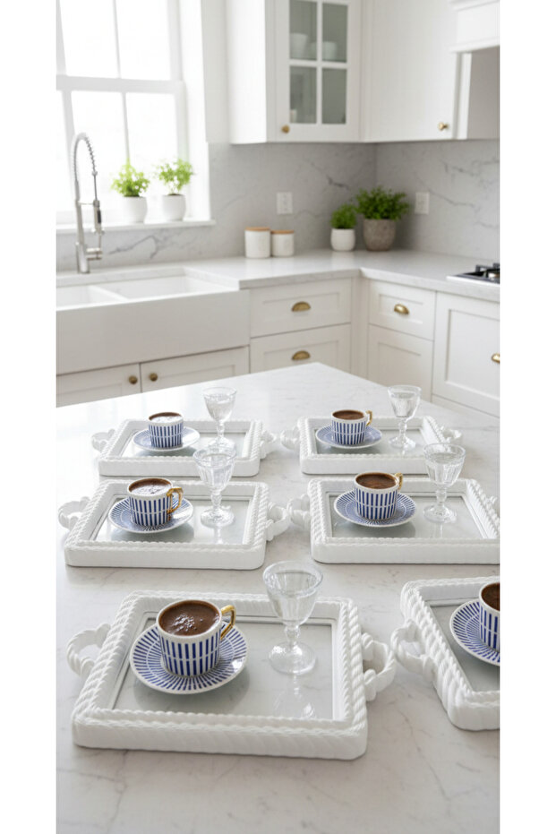 6 Pieces Coffee Presentation Tray Mesh Patterned Rectangular White - 3