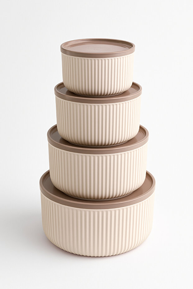 Set of 4 Round Storage Containers Striped Beige |   2.5L 1.5L 0.80L 0.45L |   Microwave and Freezer Compatible - 3