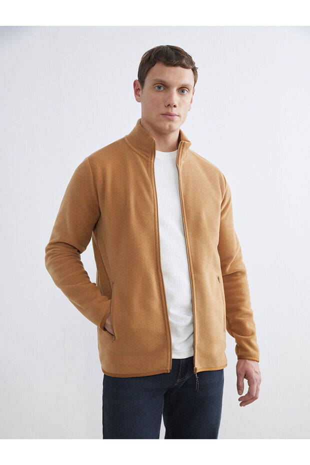 Lcwaikiki Classic Brown High Collar Long Sleeve Fleece Men's Zippered Sweatshirt