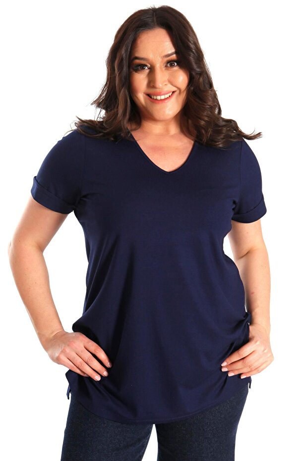 Büyük Beden Kadın V Yakalı Yırtmaçlı Basic Lacivert Bluz (T-Shirt) - 1