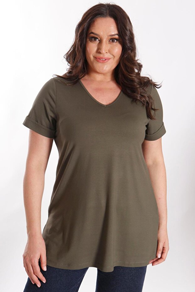 Büyük Beden Kadın V Yakalı Yırtmaçlı Basic Haki Bluz (T-Shirt) - 1