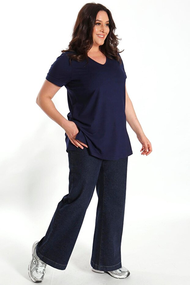 Büyük Beden Kadın V Yakalı Yırtmaçlı Basic Lacivert Bluz (T-Shirt) - 7