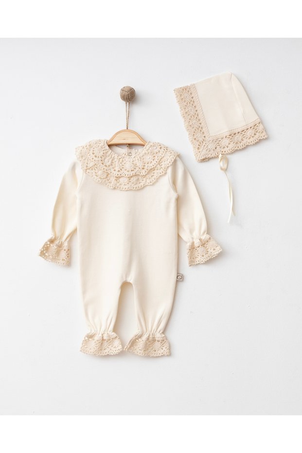 Milly Kopanaki Lace Trimmed Lora Hat Romper 100% Cotton Newborn Baby Girl