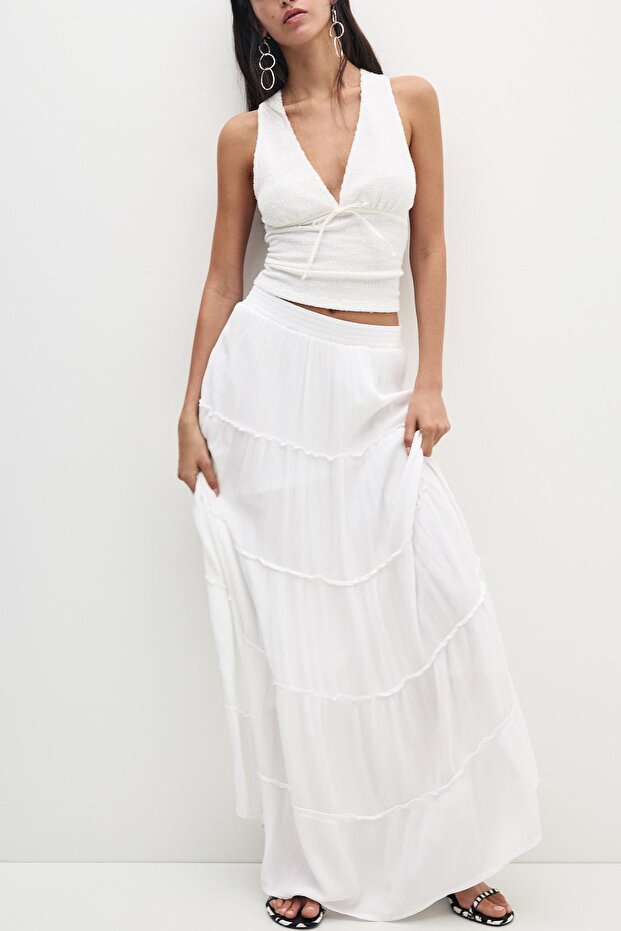 Elastik belli blok renkli midi etek - 1