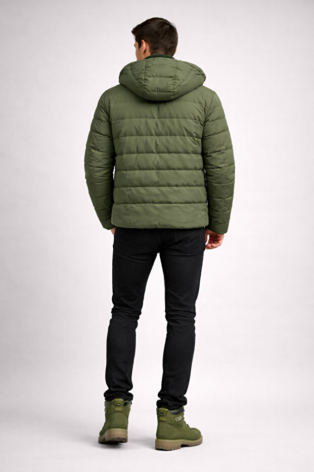 Erkek Kapüşonlu Haki Şişme Mont - 3