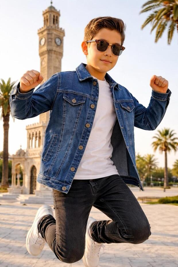 Esterella unisex çocuk kot ceket / çift cepli çocuk denim ceket