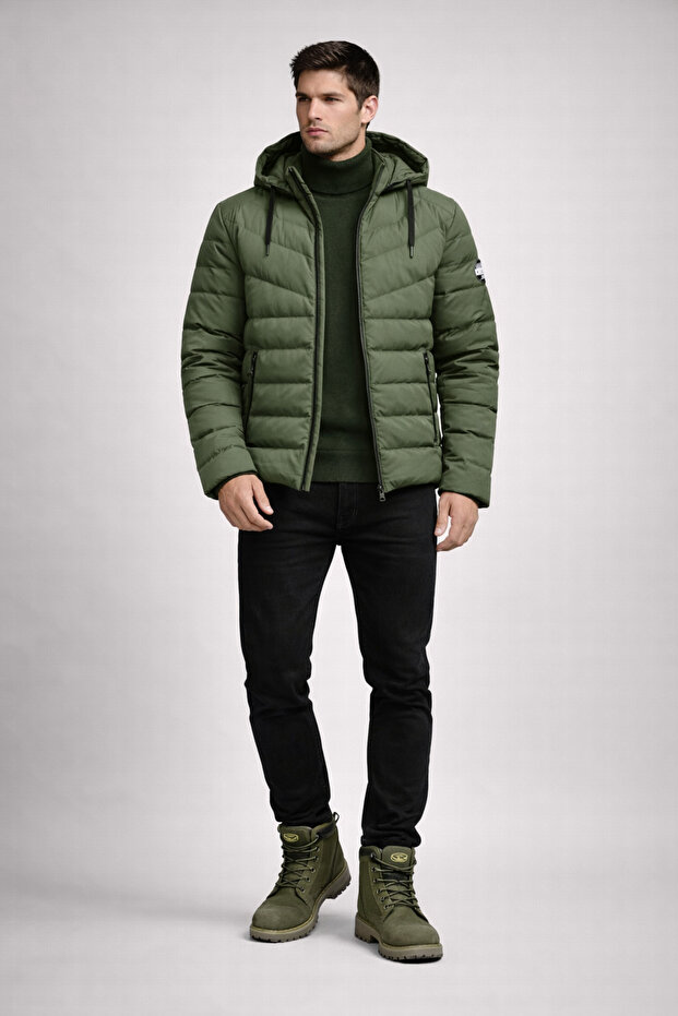 Erkek Kapüşonlu Haki Şişme Mont - 1