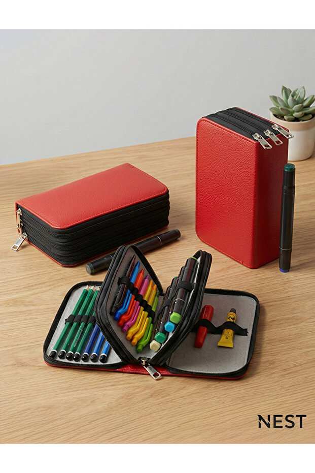 Sunii Leather Red 3 Zipper Pen Holder School and Office Pencil Case Wallet