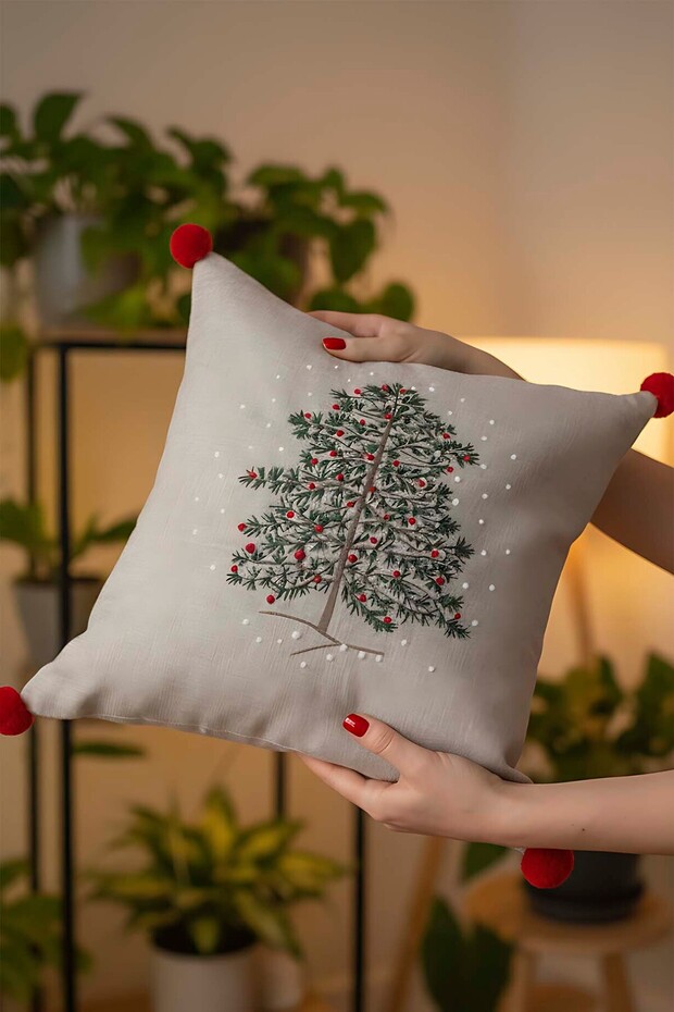 Pine Tree Embroidered Pompom Straw Look Woven Throw Pillow Cover Beige