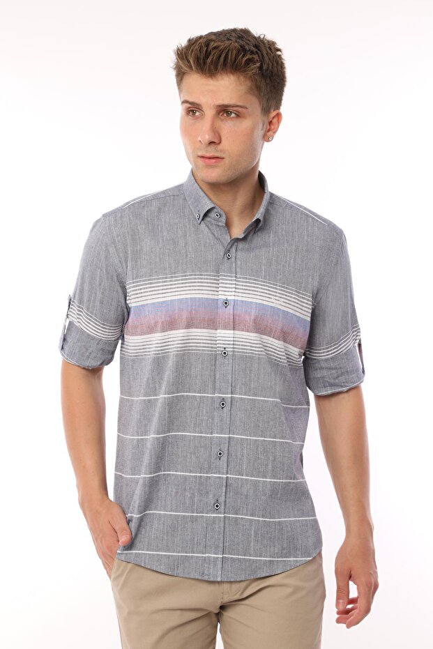 Slim Fit Long Sleeve Panelled Linen Gift Boxed Easy-Iron Men's Shirt Fs-002994 - Navy Blue