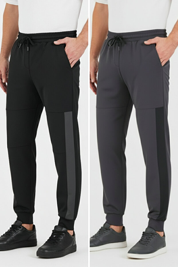 Men's Black-Anthracite Standard Fit Regular Cut Ribbed Pocket Comfortable Jogger 2-Piece Sweatpants
