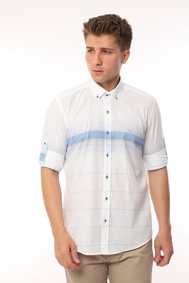 Slim Fit Long Sleeve Panelled Linen Gift Boxed Easy-Iron Men's Shirt Fs-002994 - Blue