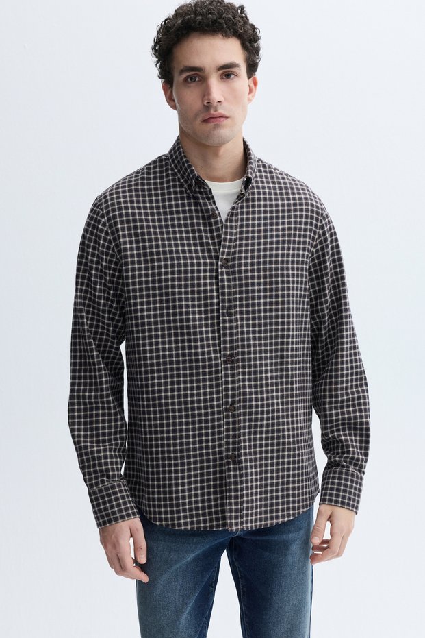 Men's Brown Regular Fit Plaid Long Sleeve Shirt