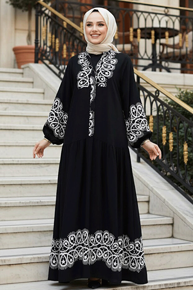 Patterned Black Hijab Dress 18237S
