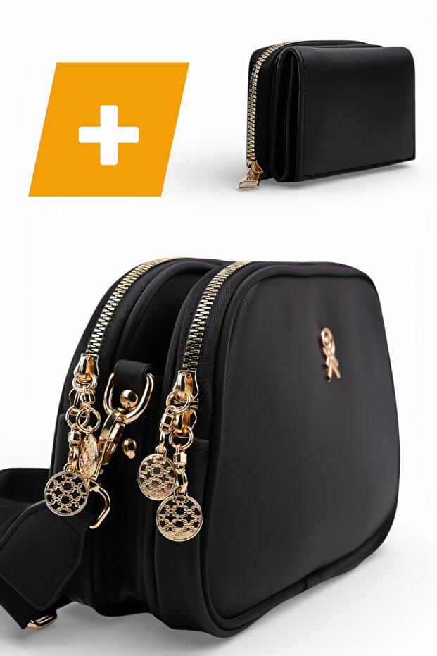 Women's Shoulder Bag Buzy Satin Leather 3-Compartment Adjustable Black Wallet Gifted Hand and Shoulder Bag