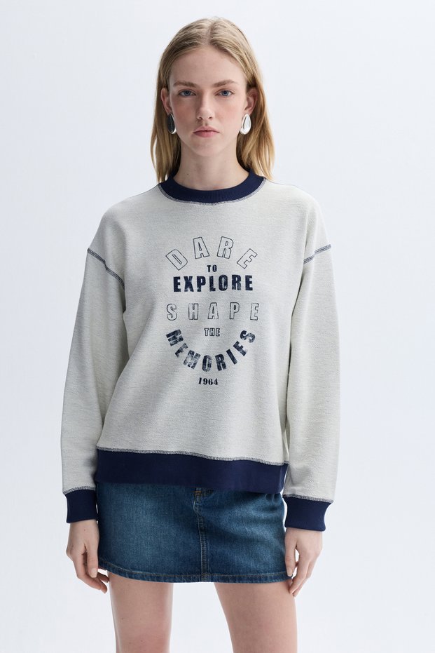 Women's Gray Loose Fit Printed Crew Neck Sweatshirt